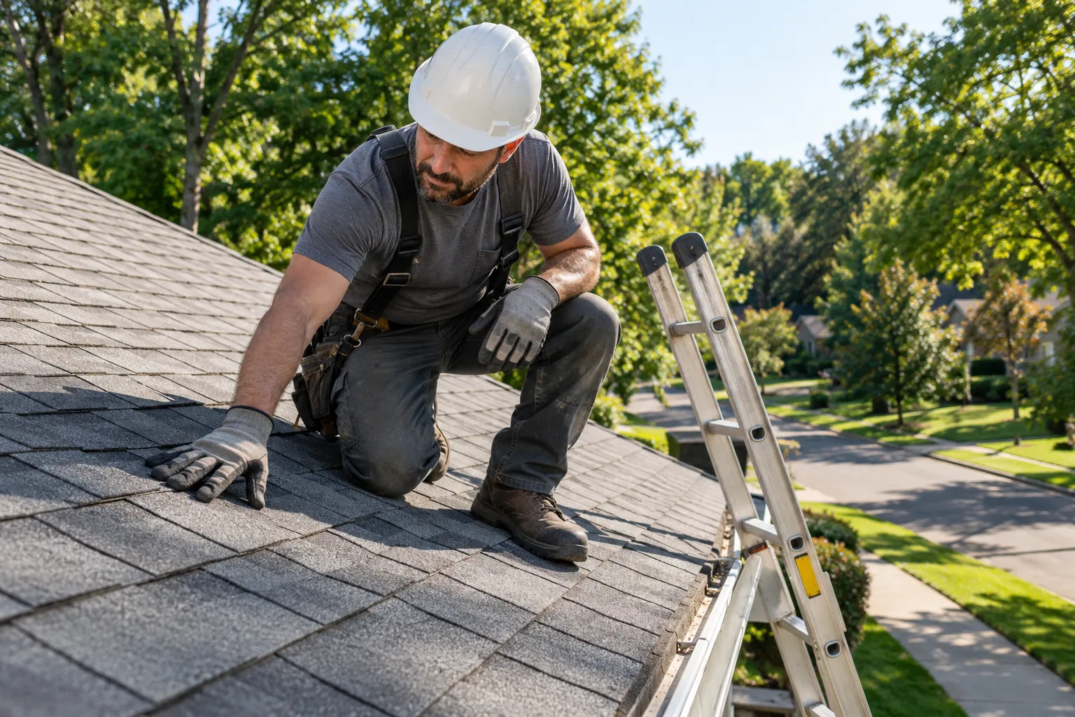 A roofing provider checking shingles on a home in the Tarpon Springs area
