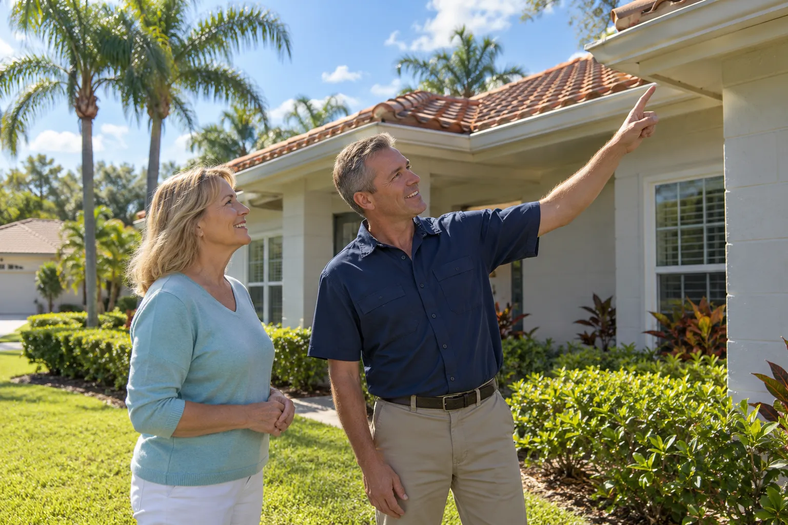 A homeowner and a roofing provider looking up at a tile roof in Tarpon Springs