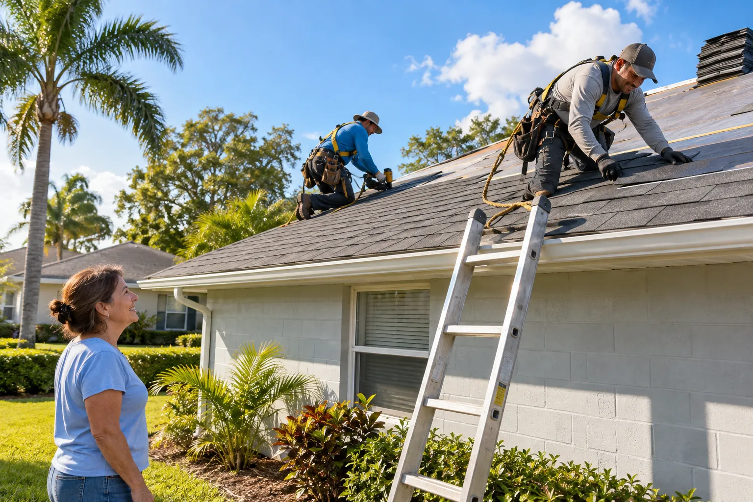 A local roofing provider and a homeowner looking at a new shingle roof on a house in Tarpon Springs